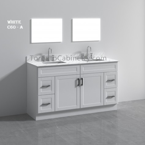 60" Double Shaker White Solid Wood Bathroom Vanity 