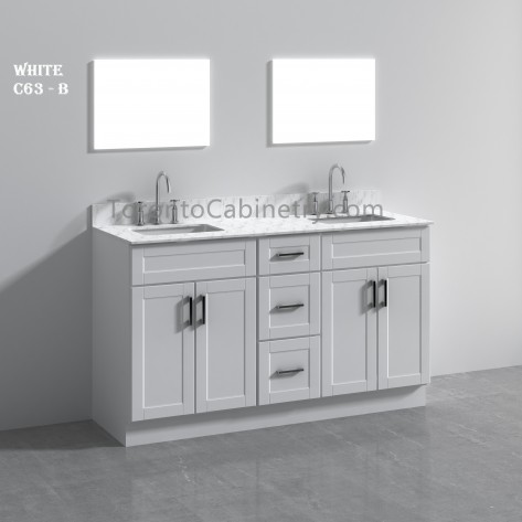 63" Double Shaker White Solid Wood Bathroom Vanity 